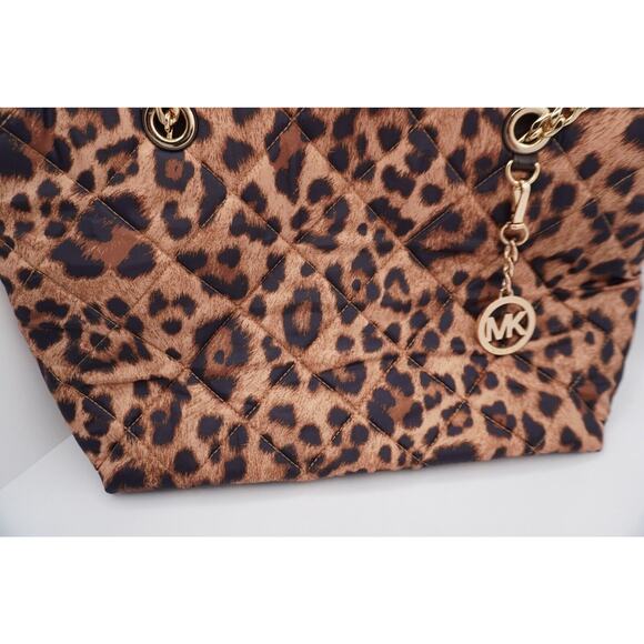 Michael Kors Brown Leopard Print Satin Leather Tote Quilted Academia Chic 36-12 - Picture 16 of 16